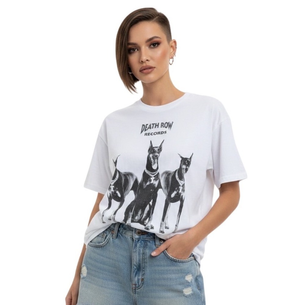 Death Row Records Graphic‎ Tee Doberman Dogs White Streetwear Hip Hop Baddie L